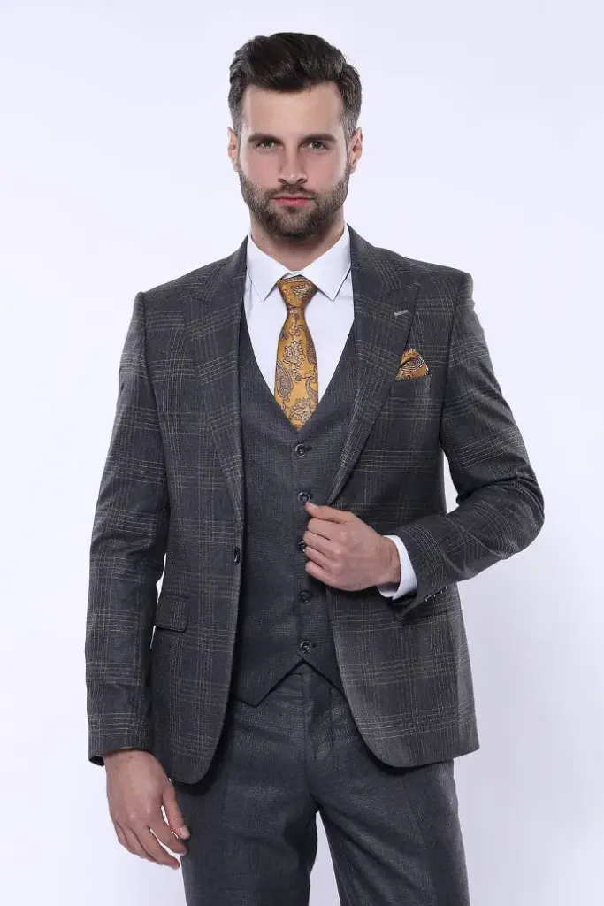 Brown Grey 2pc Suit With Checked Blazer /size 44