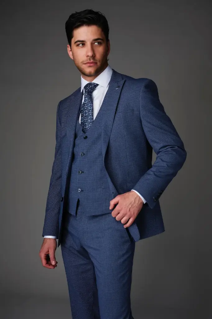 Austin Blue Microcheck 3pc Suit Tapered Fit (36 Jacket - 30 Trousers)